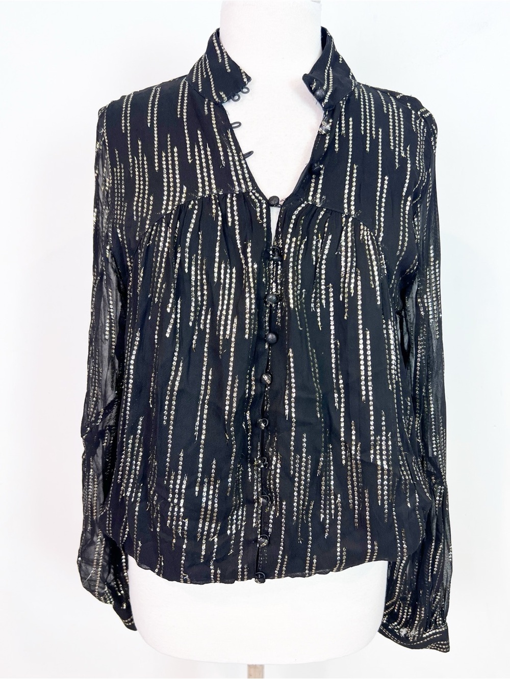 CIEBON BLACK GOLD METALLIC STRIPING LONG SLEEVE BLOUSE ELASTIC HEM WOMENS LARGE